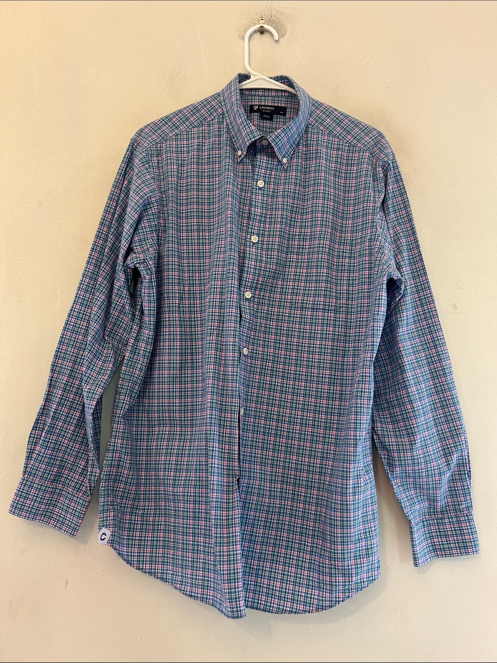 Cremieux Classic Men's Button-Down blue pink Plaid Shirt Size L EUC